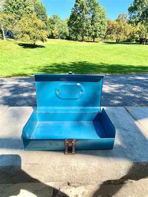 Vintage midcentury sky blue metal tool box, Bernz